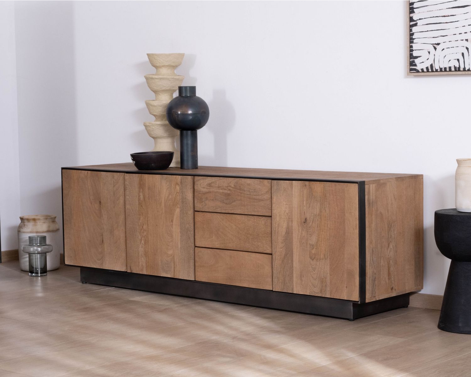 Panca TV "Santo" grande 180 cm in legno di mango con ante e cassetti