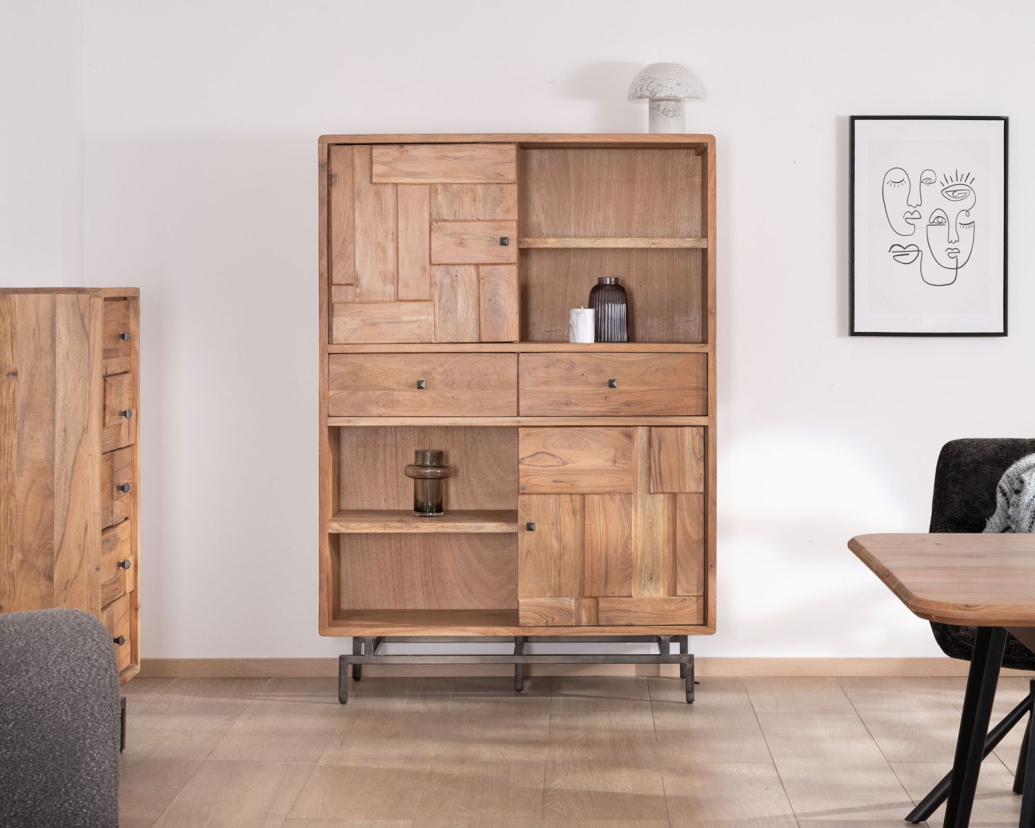 Argenteria dal design rétro in acacia e metallo Frontali "Puzzle" con motivo a carré