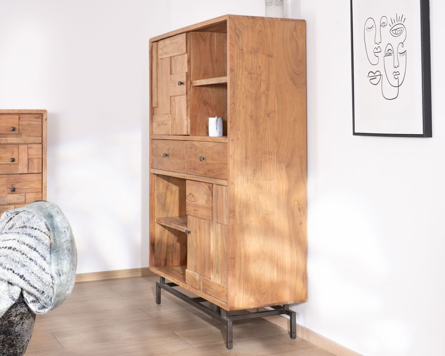 Argenteria dal design rétro in acacia e metallo Frontali "Puzzle" con motivo a carré