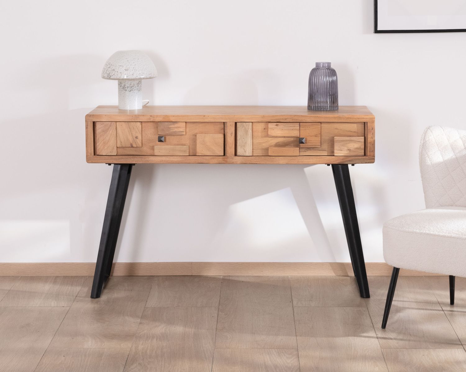 Consolle a 2 cassetti in acacia "Puzzle" con gambe in metallo nero, design arioso