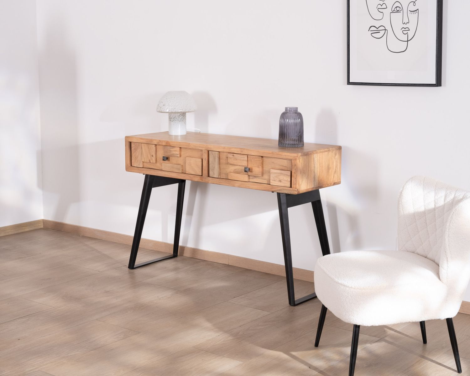 Consolle a 2 cassetti in acacia "Puzzle" con gambe in metallo nero, design arioso