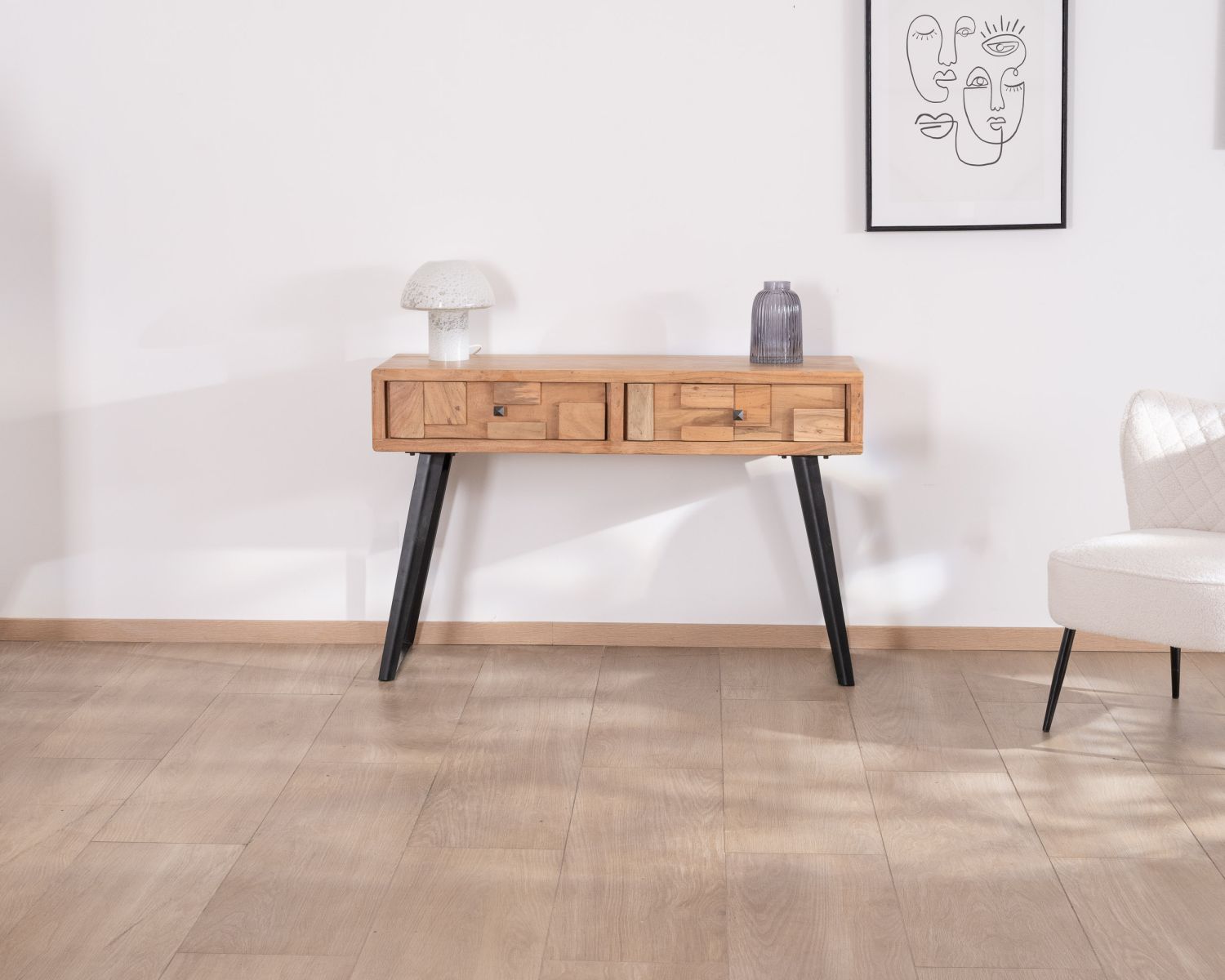 Consolle a 2 cassetti in acacia "Puzzle" con gambe in metallo nero, design arioso