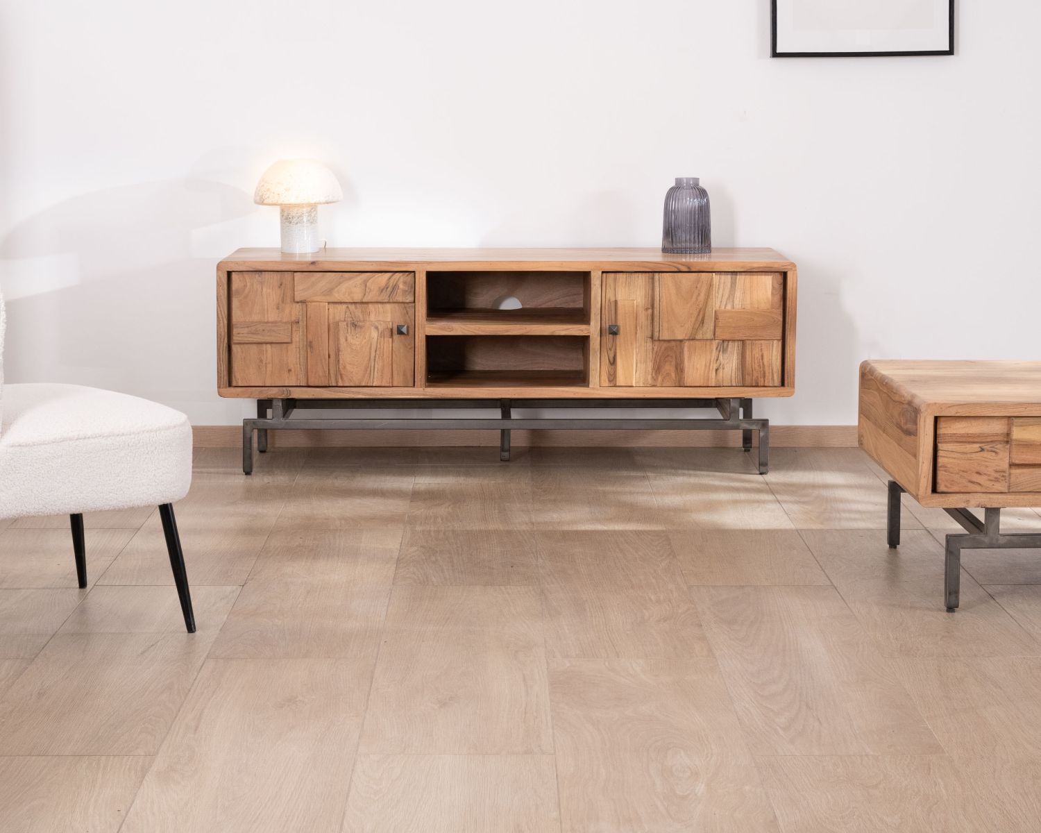 Porta TV di design retrò in acacia e metallo "Puzzle" 150 cm