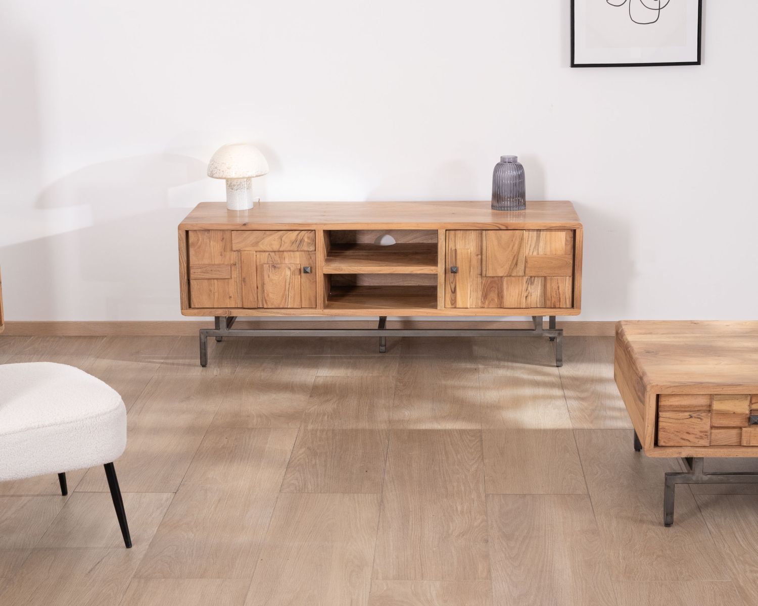 Porta TV di design retrò in acacia e metallo "Puzzle" 150 cm