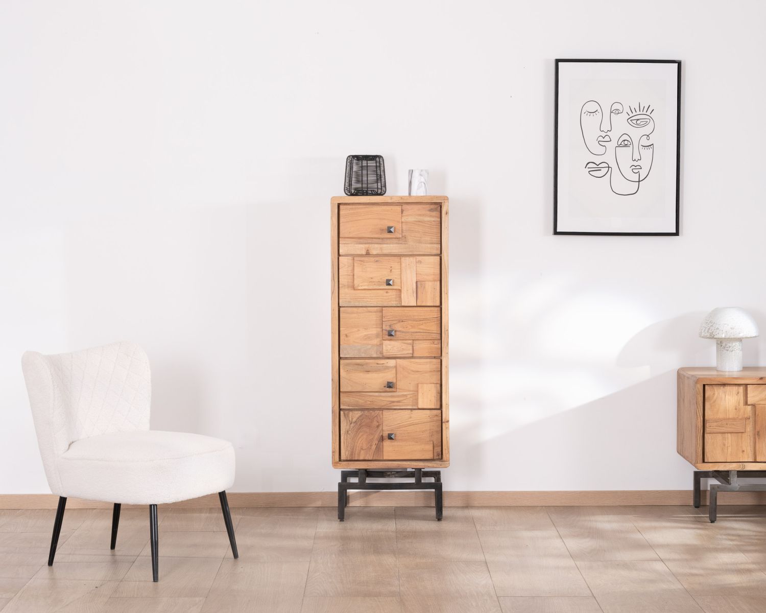 Piccola cassettiera retrò a 5 cassetti in acacia e metallo "Puzzle