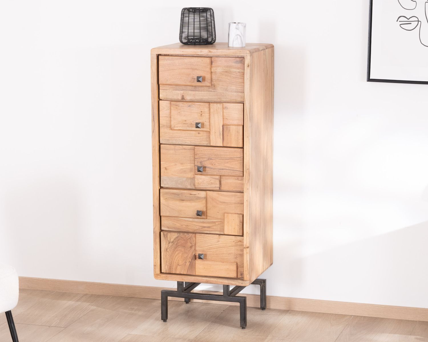 Piccola cassettiera retrò a 5 cassetti in acacia e metallo "Puzzle