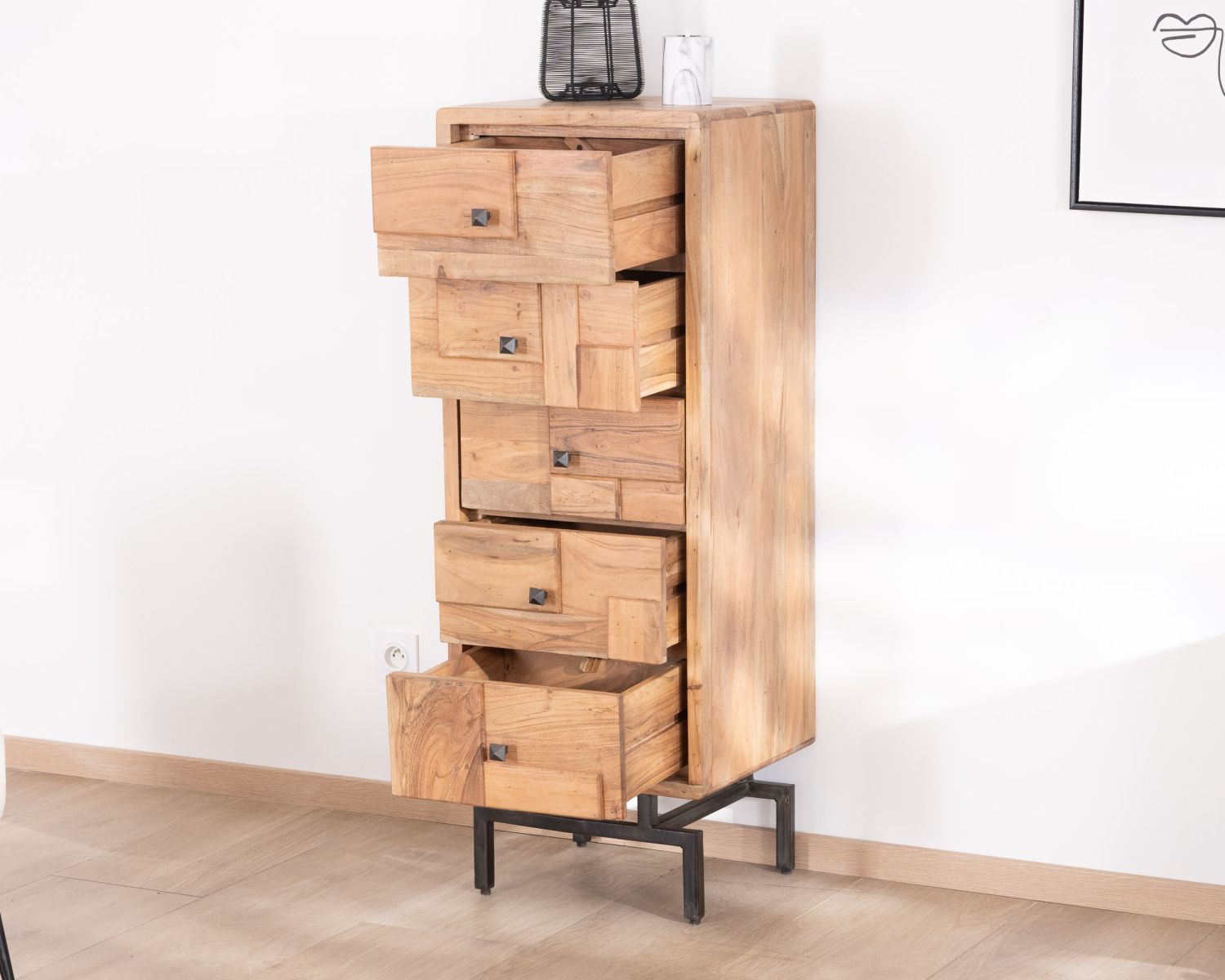 Piccola cassettiera retrò a 5 cassetti in acacia e metallo "Puzzle