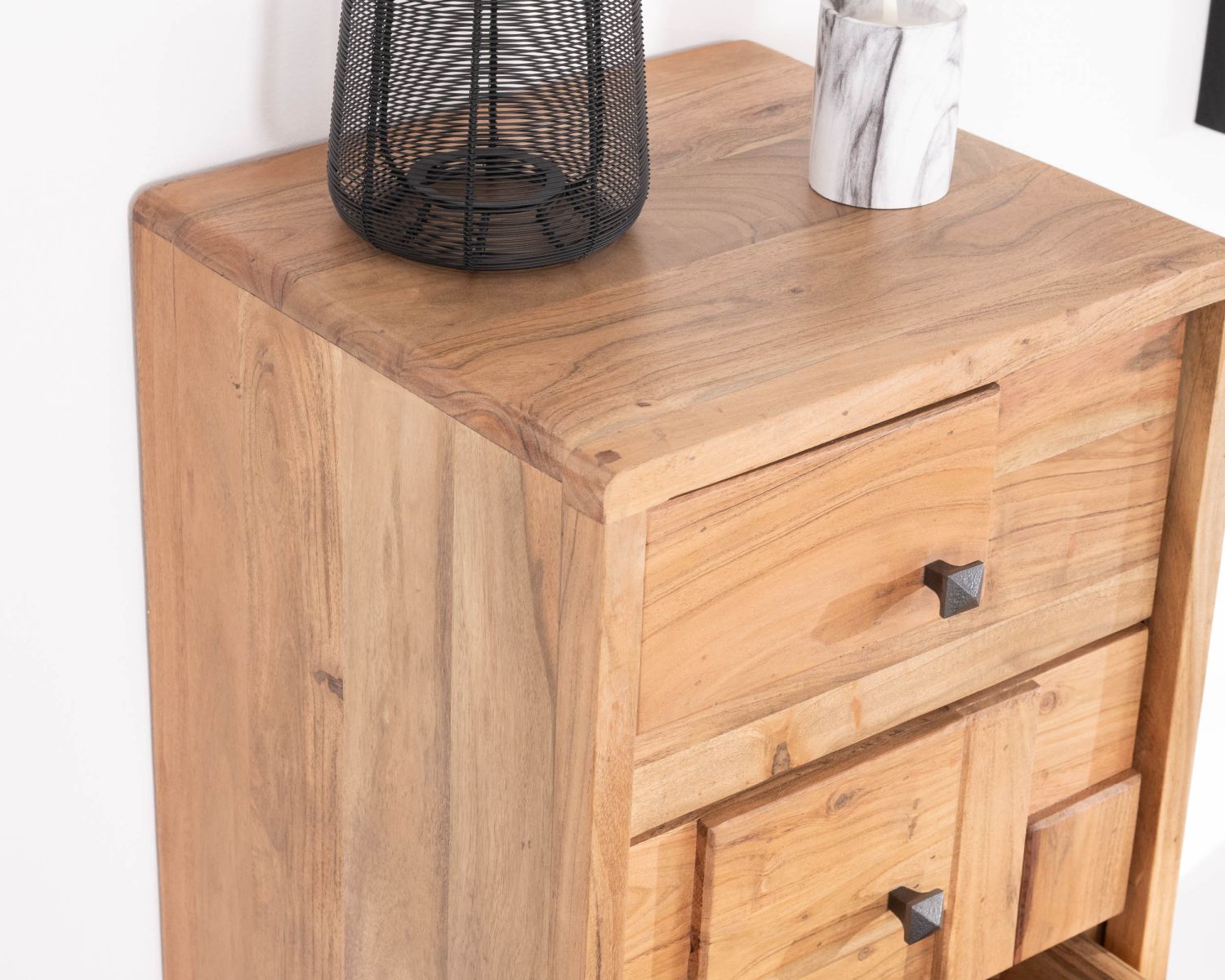 Piccola cassettiera retrò a 5 cassetti in acacia e metallo "Puzzle