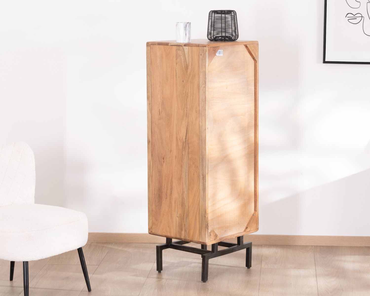 Piccola cassettiera retrò a 5 cassetti in acacia e metallo "Puzzle