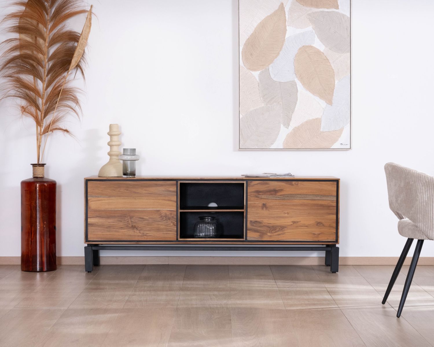 Mobile TV bicolore contemporaneo "Olonie" da 175 cm in teak naturale e metallo