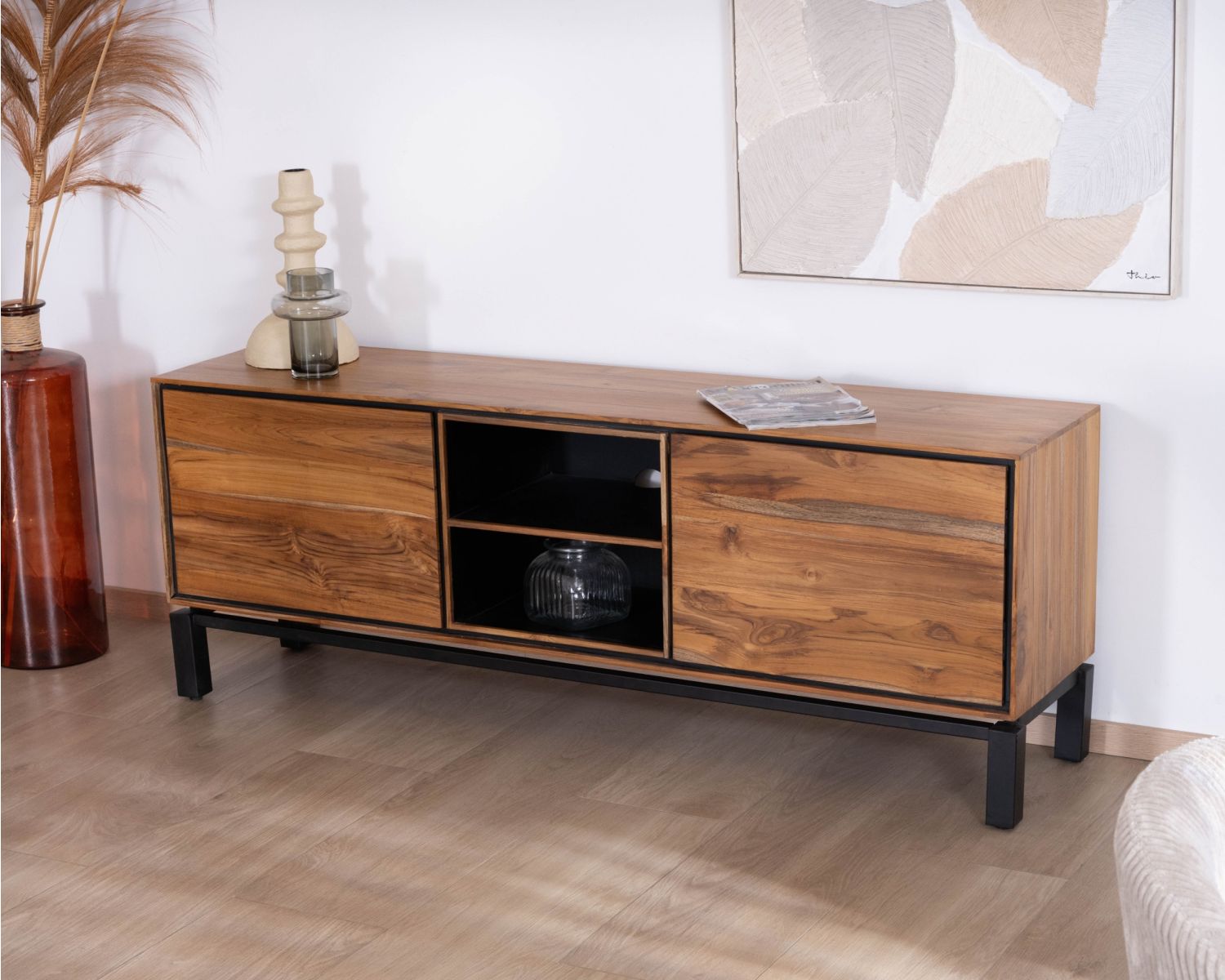 Mobile TV bicolore contemporaneo "Olonie" da 175 cm in teak naturale e metallo