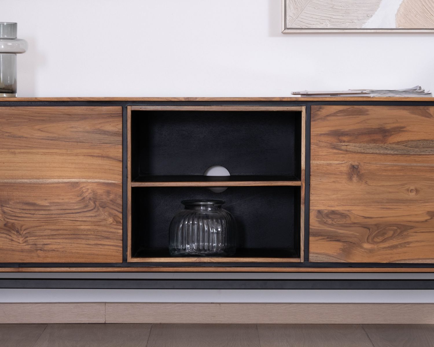 Mobile TV bicolore contemporaneo "Olonie" da 175 cm in teak naturale e metallo