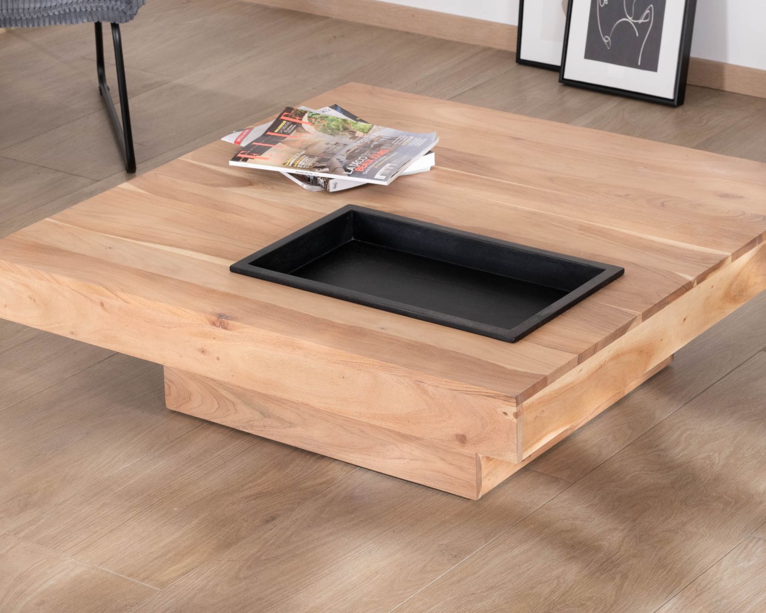 Tavolino quadrato in legno massiccio "Shelley" con contenitore estraibile 100 cm