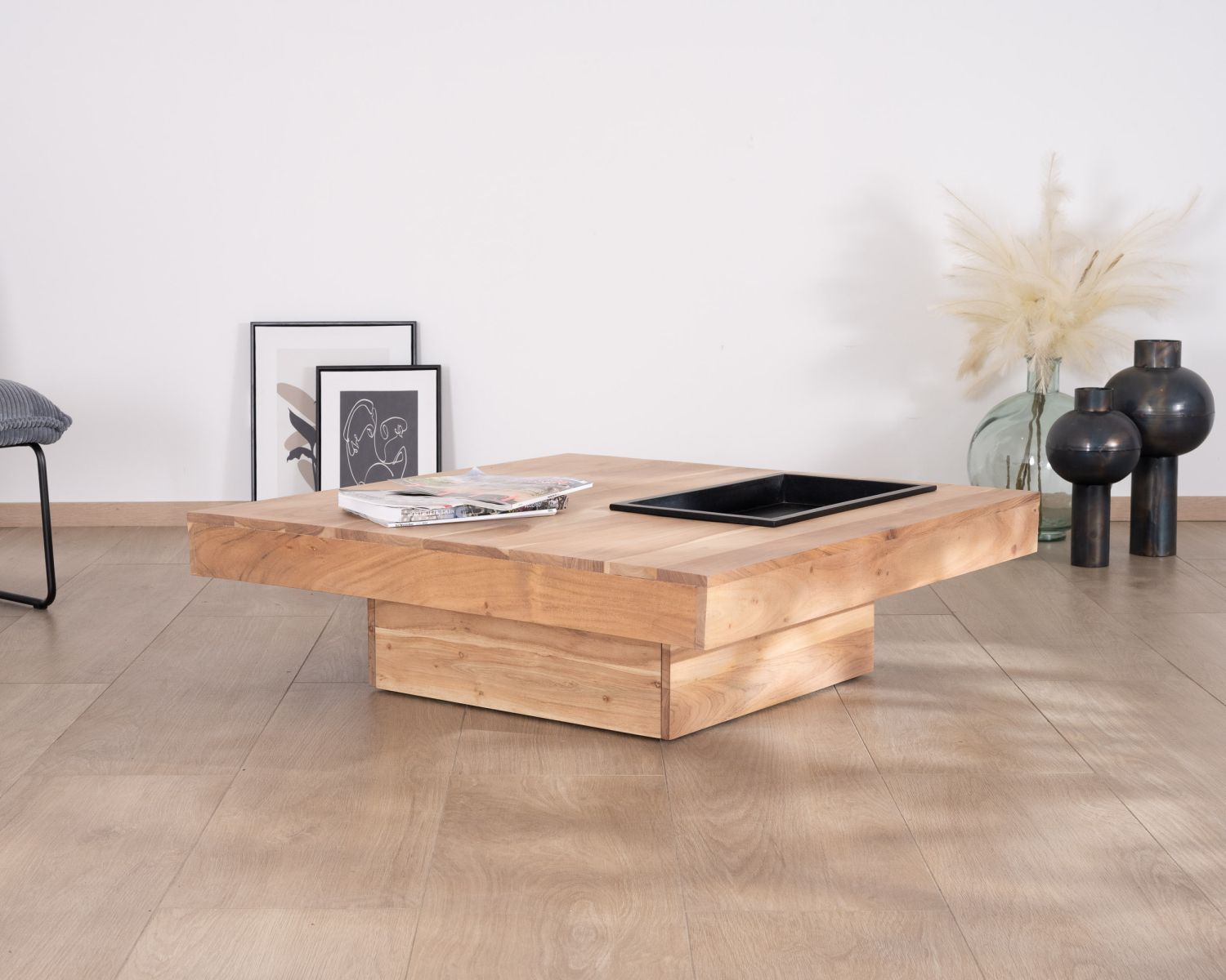 Tavolino quadrato in legno massiccio "Shelley" con contenitore estraibile 100 cm