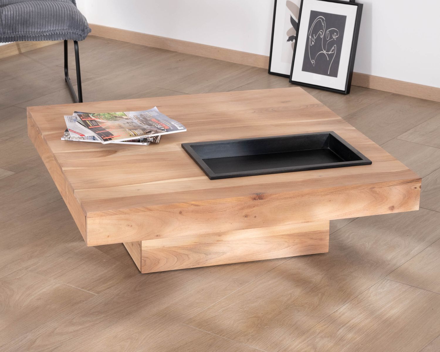 Tavolino quadrato in legno massiccio "Shelley" con contenitore estraibile 100 cm