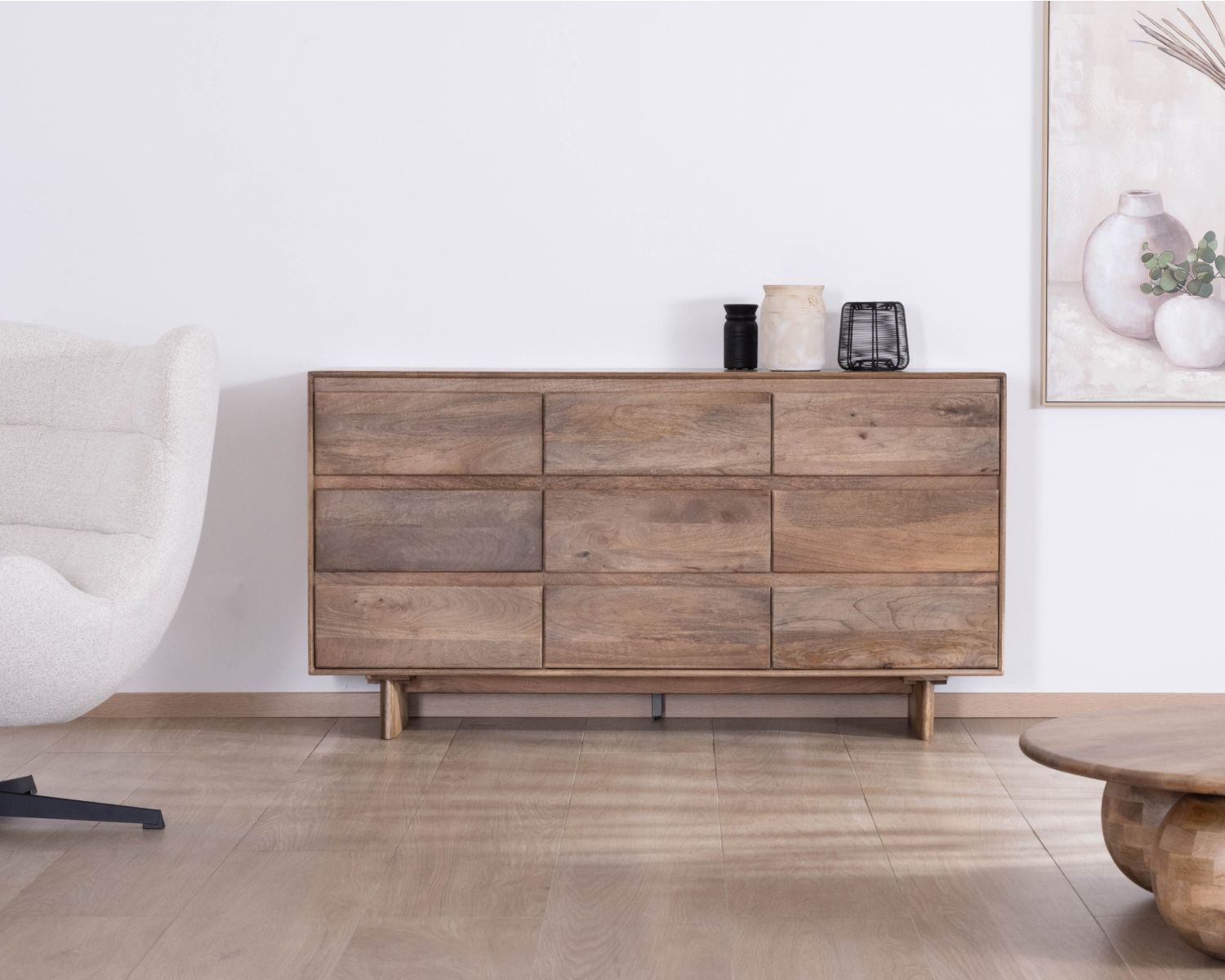 Cassettiera a 9 cassetti in legno massiccio di mango in stile "Geta" Japandi