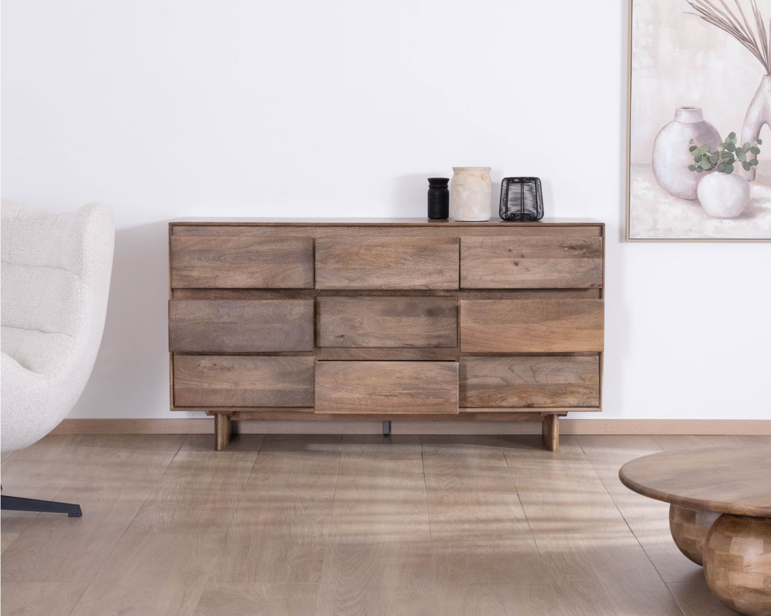 Cassettiera a 9 cassetti in legno massiccio di mango in stile "Geta" Japandi