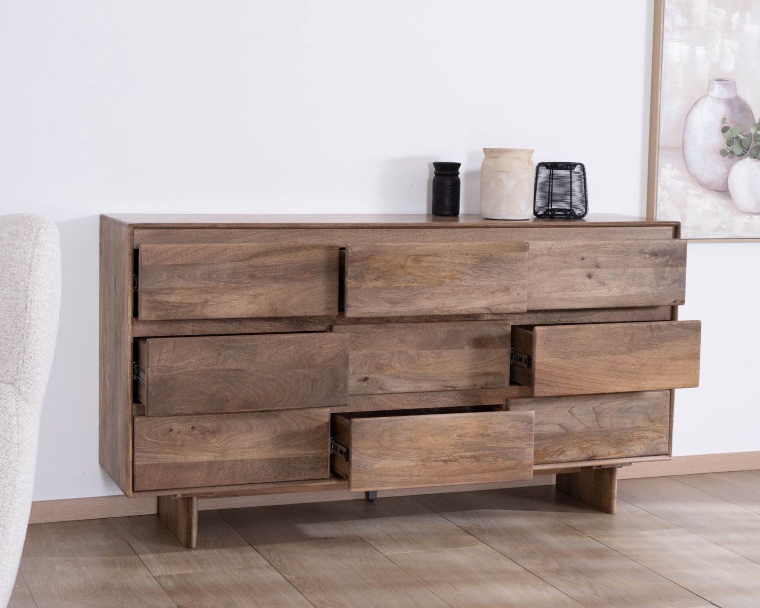 Cassettiera a 9 cassetti in legno massiccio di mango in stile "Geta" Japandi