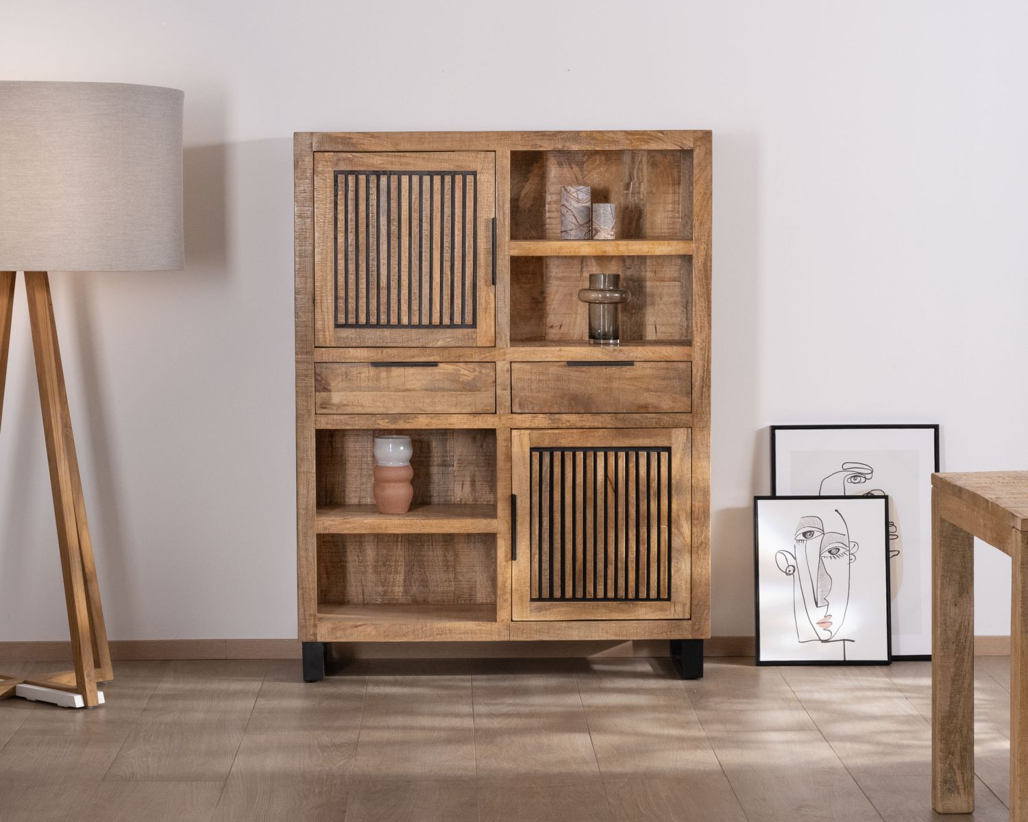 Argentier in legno di mango e gambe in metallo "Manoha" con ante reversibili a righe