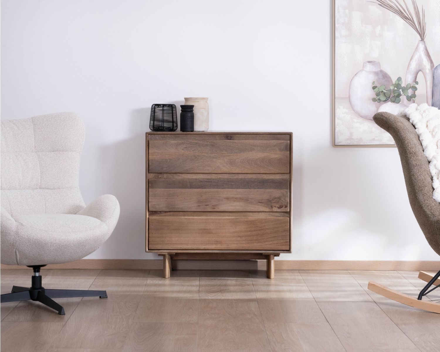 Cassettiera in stile Japandi in legno di mango massiccio "Geta", 3 cassetti ad ampia apertura