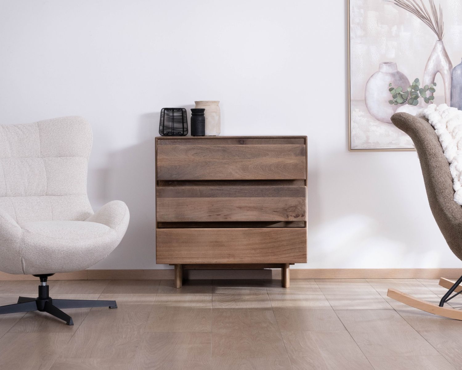 Cassettiera in stile Japandi in legno di mango massiccio "Geta", 3 cassetti ad ampia apertura