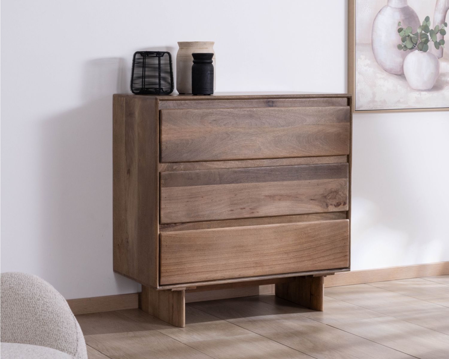 Cassettiera in stile Japandi in legno di mango massiccio "Geta", 3 cassetti ad ampia apertura