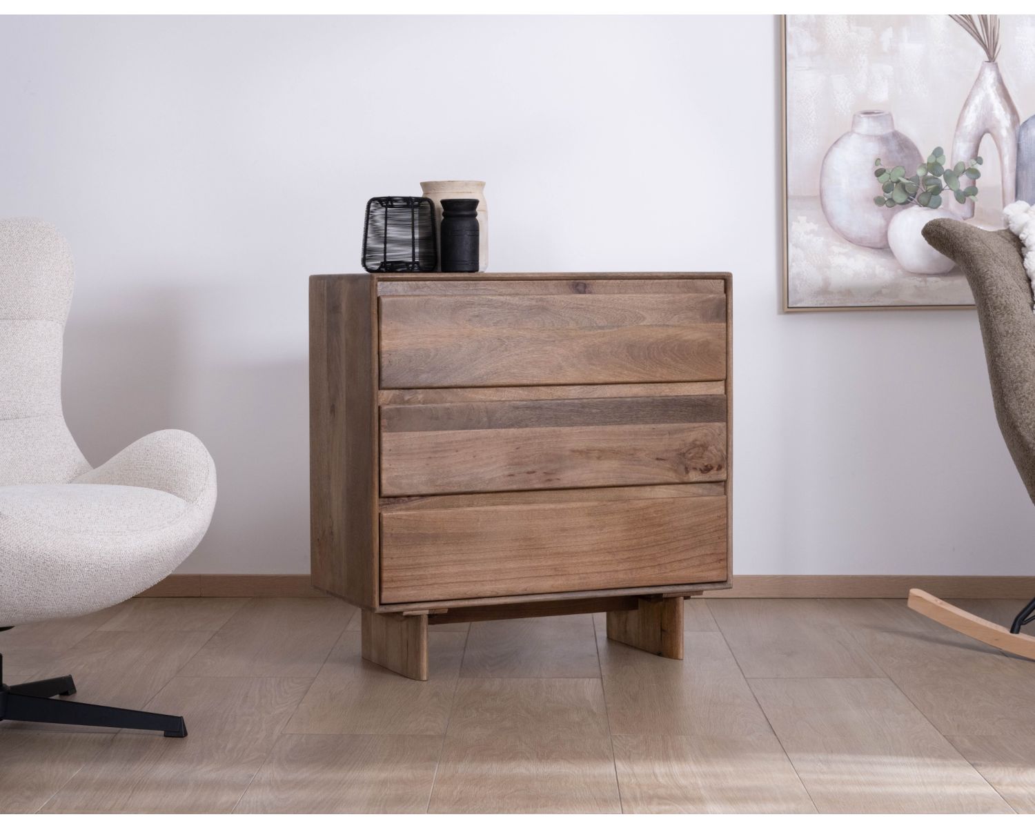 Cassettiera in stile Japandi in legno di mango massiccio "Geta", 3 cassetti ad ampia apertura