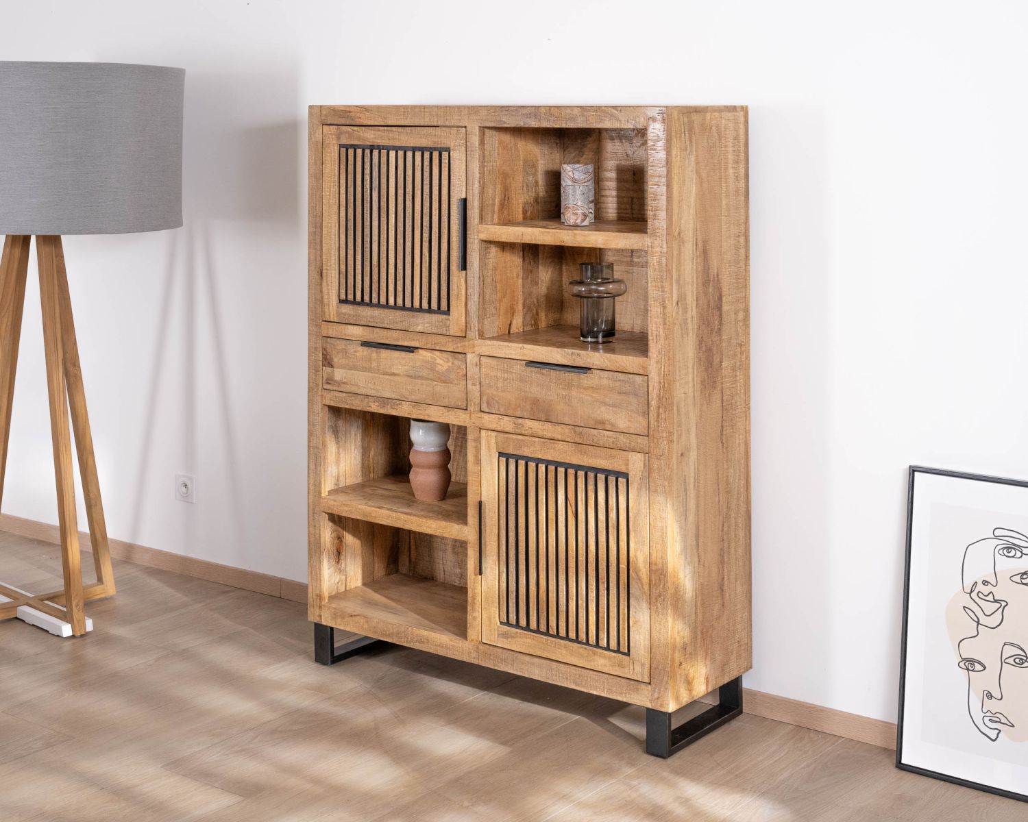 Argentier in legno di mango e gambe in metallo "Manoha" con ante reversibili a righe