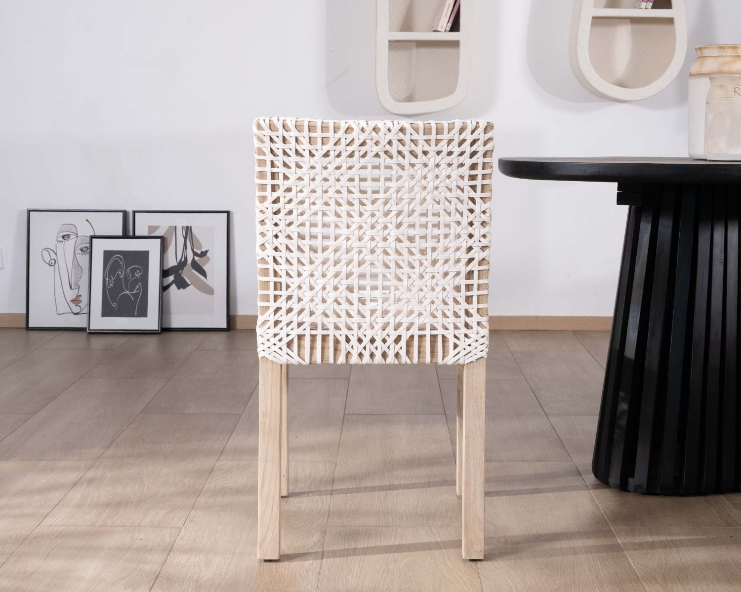 Set di 2 sedie da pranzo "Mambow" in teak e pelle intrecciata bianca