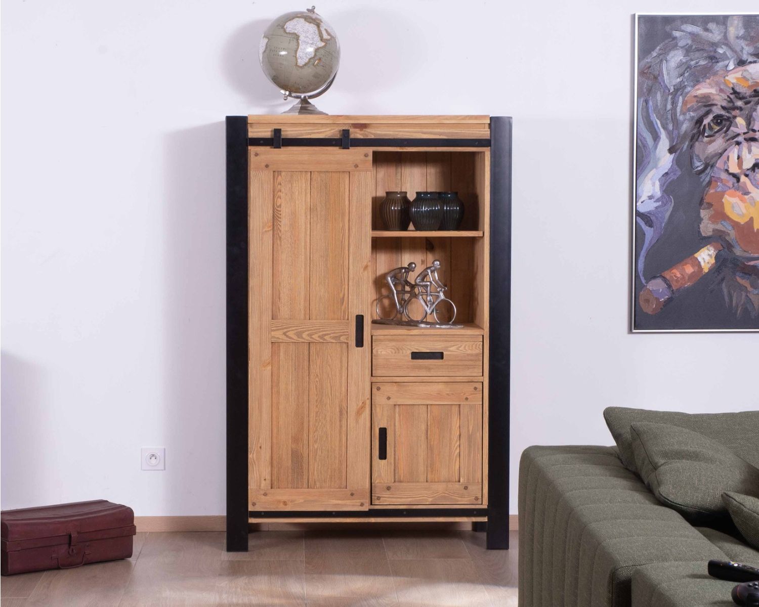 Credenza industriale alta "Lugano" in pino massiccio e metallo