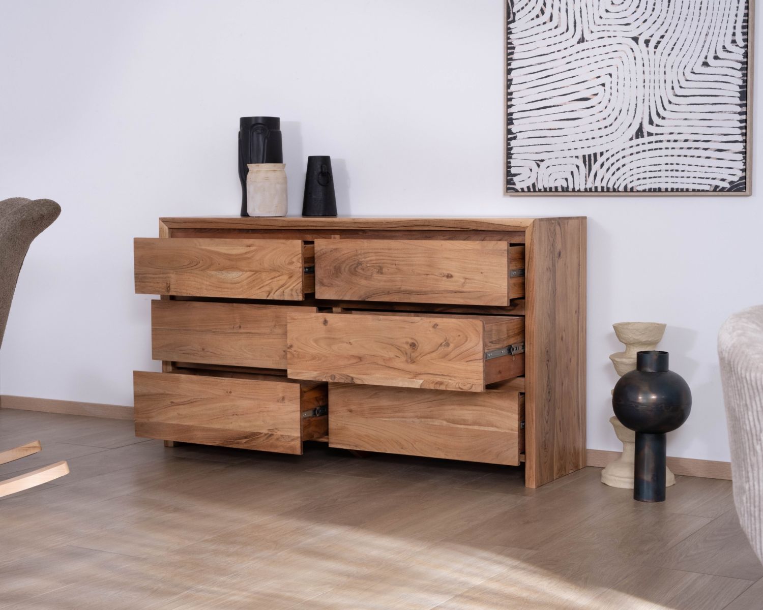 Cassettone a 6 cassetti "Lignum" in legno di acacia, stile scandinavo