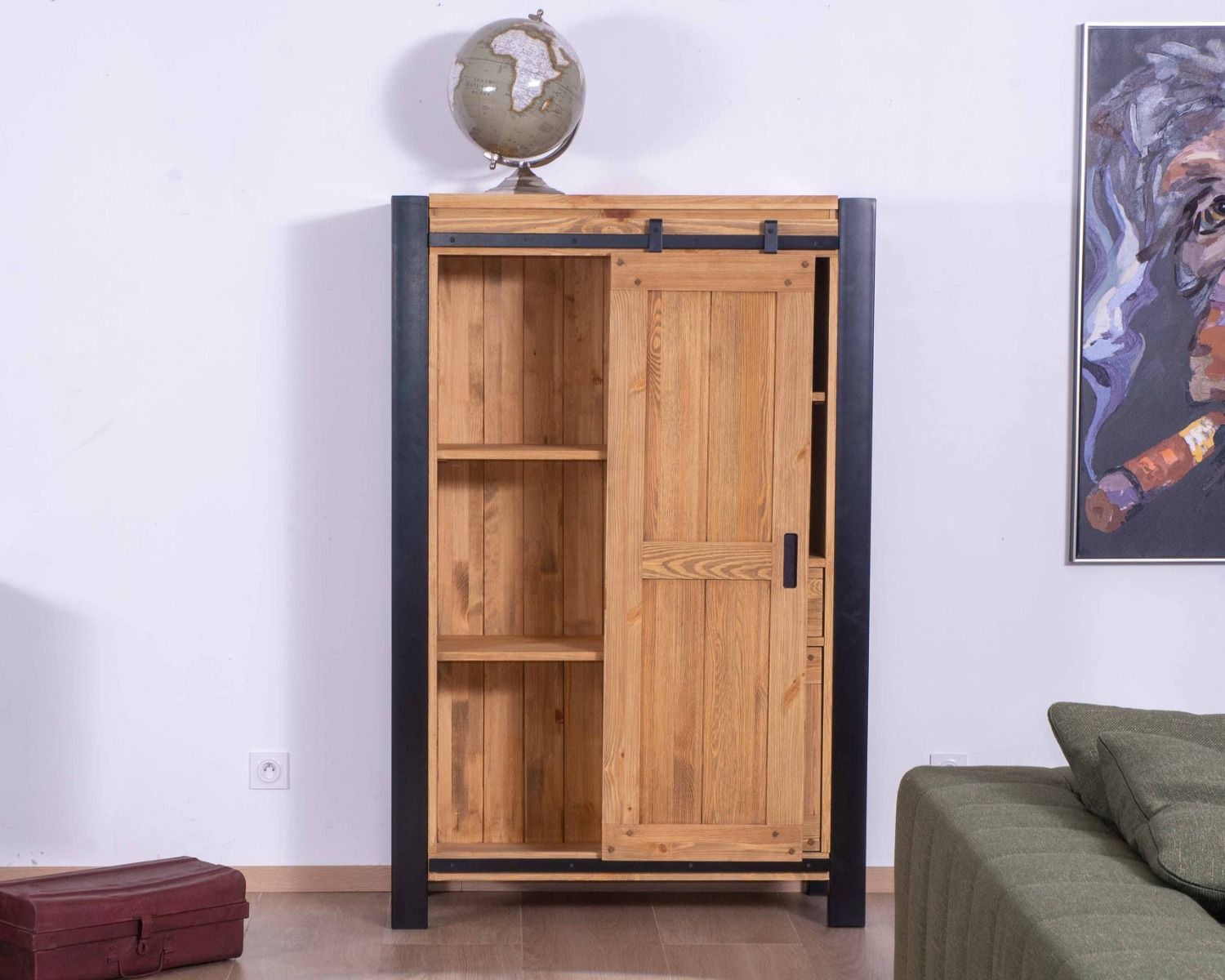 Credenza industriale alta "Lugano" in pino massiccio e metallo