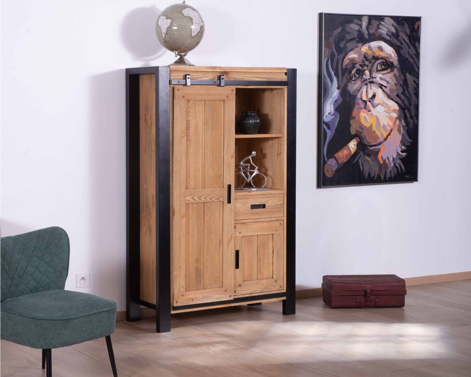 Credenza industriale alta "Lugano" in pino massiccio e metallo