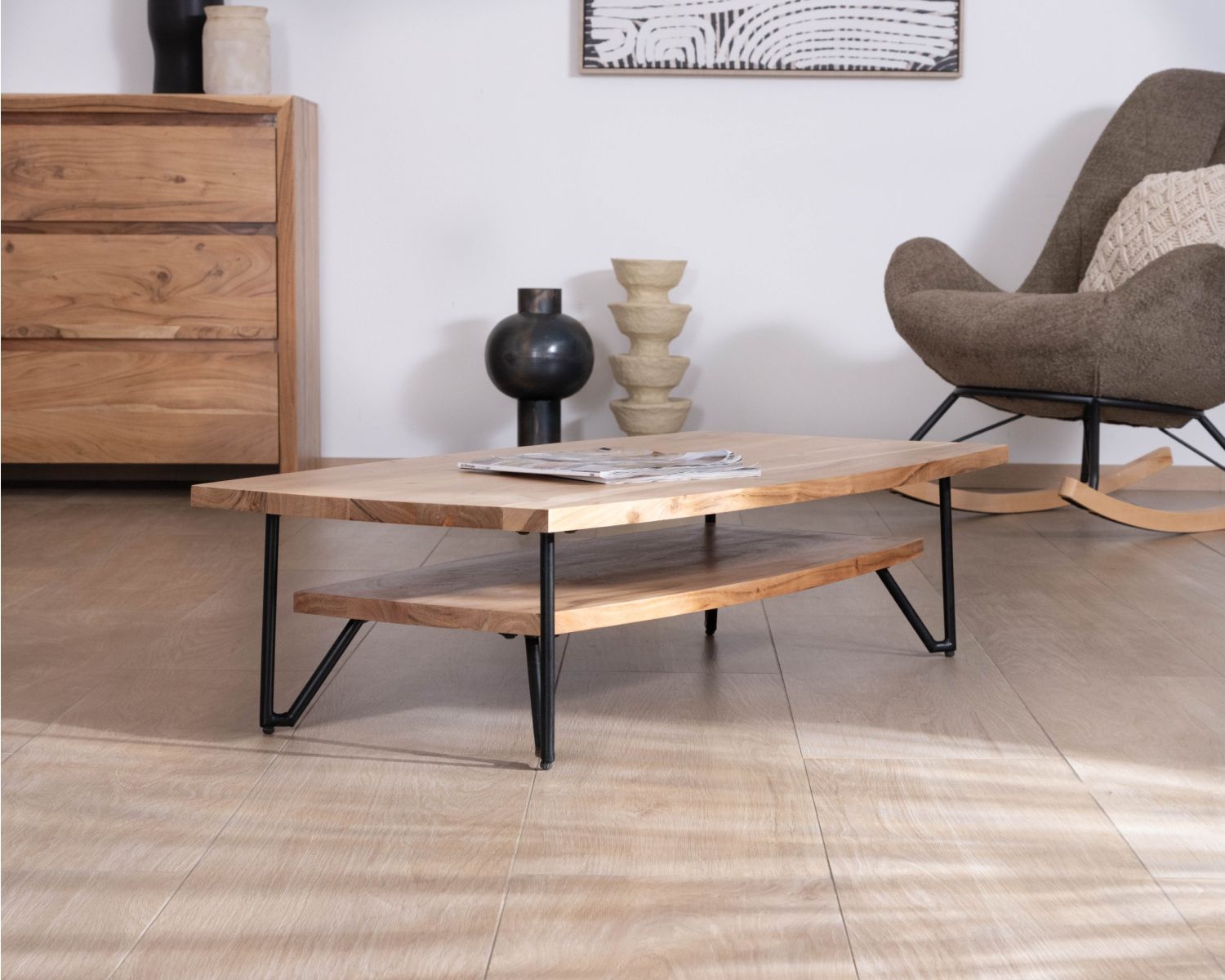 Tavolino doppio in acacia massiccia "Zen Black" con piano a forma di barca