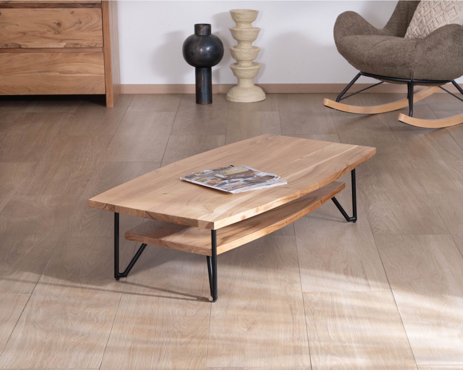Tavolino doppio in acacia massiccia "Zen Black" con piano a forma di barca