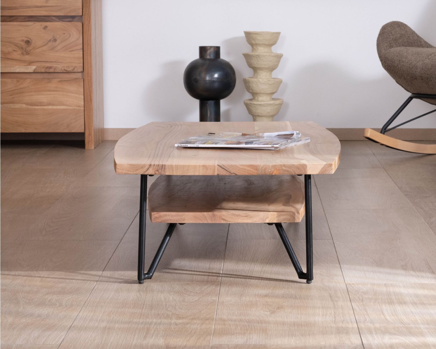 Tavolino doppio in acacia massiccia "Zen Black" con piano a forma di barca