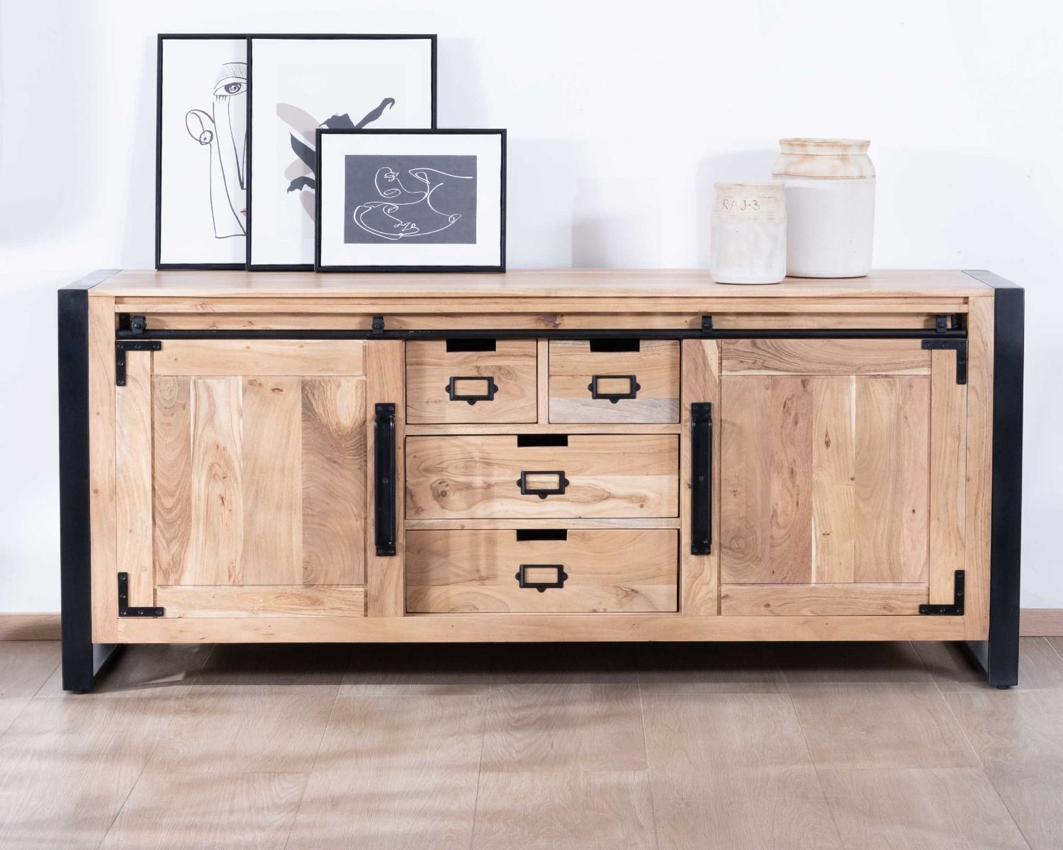 Credenza industriale in metallo e legno per sala da pranzo 190cm "Montreal