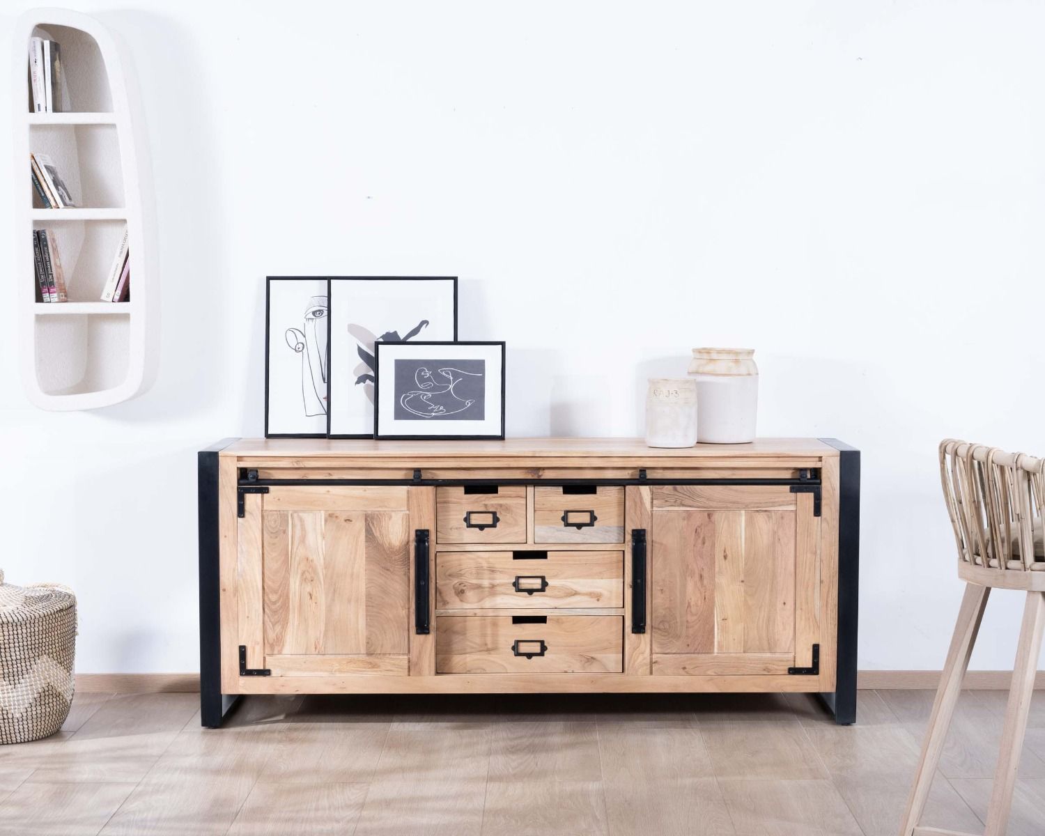 Credenza industriale in metallo e legno per sala da pranzo 190cm "Montreal