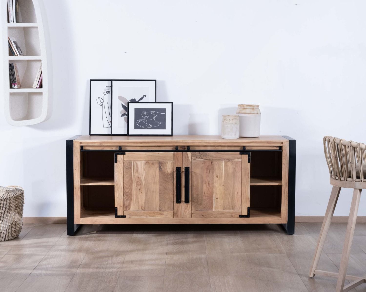 Credenza industriale in metallo e legno per sala da pranzo 190cm "Montreal
