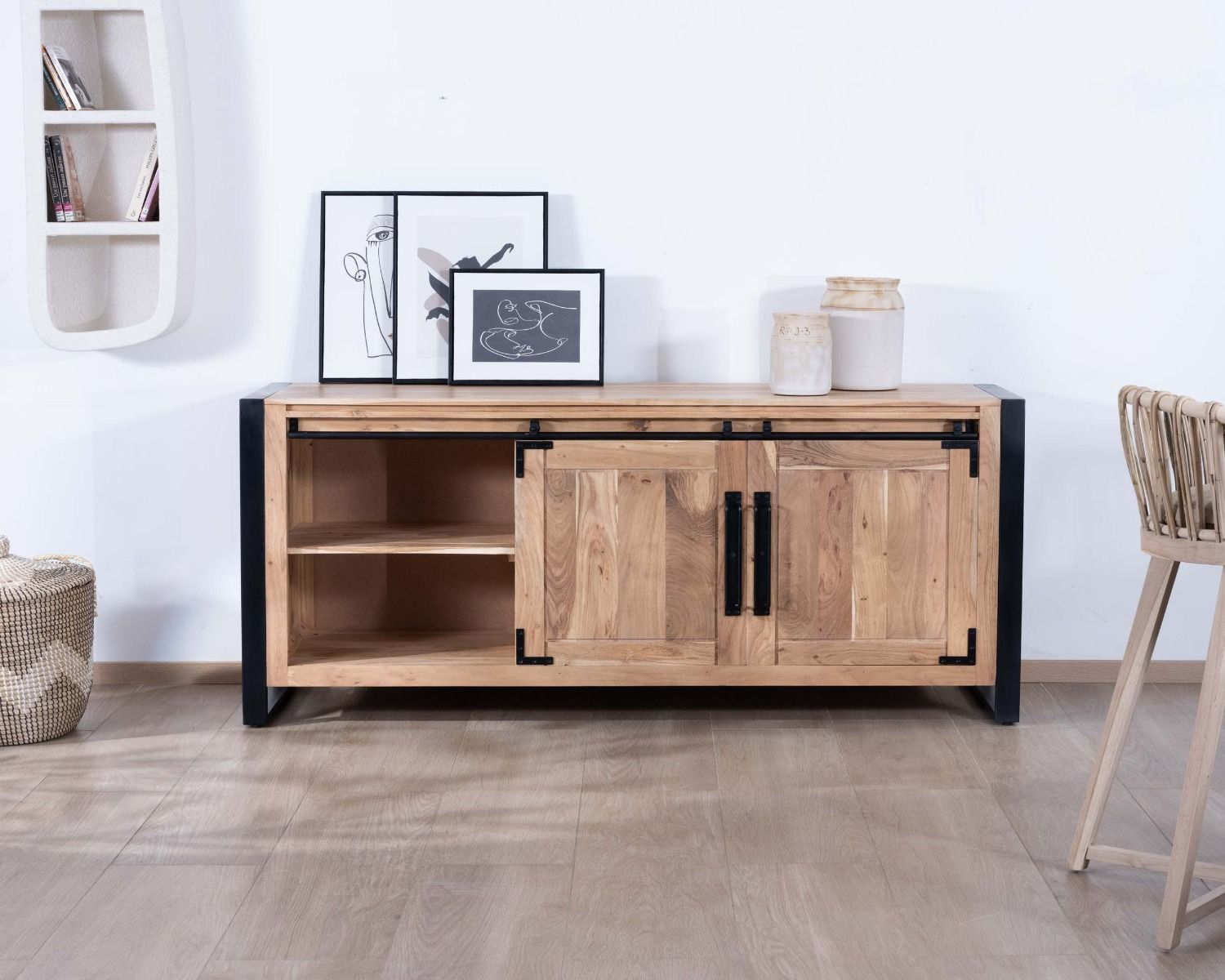 Credenza industriale in metallo e legno per sala da pranzo 190cm "Montreal