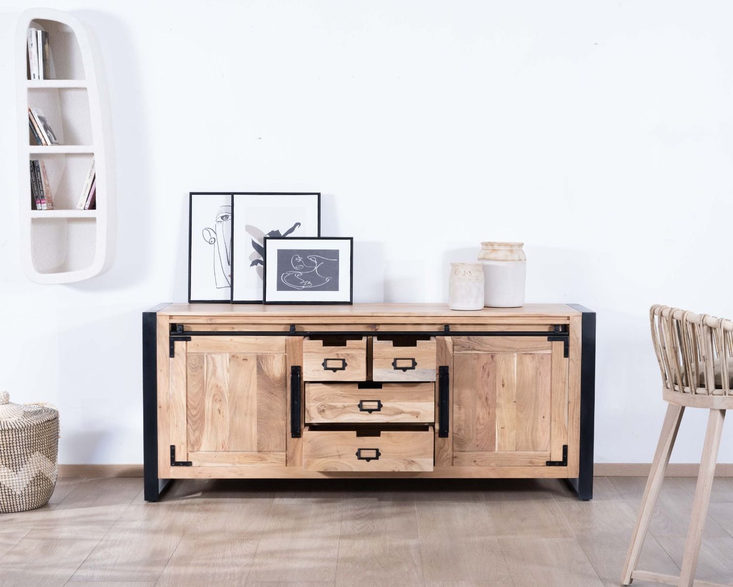 Credenza industriale in metallo e legno per sala da pranzo 190cm "Montreal