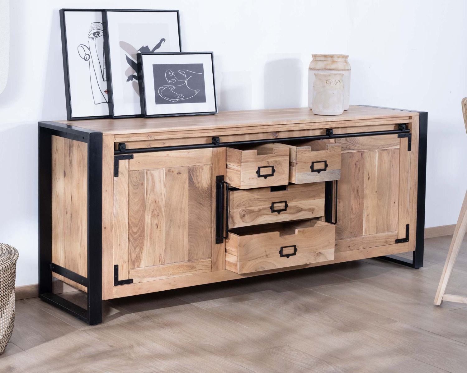 Credenza industriale in metallo e legno per sala da pranzo 190cm "Montreal