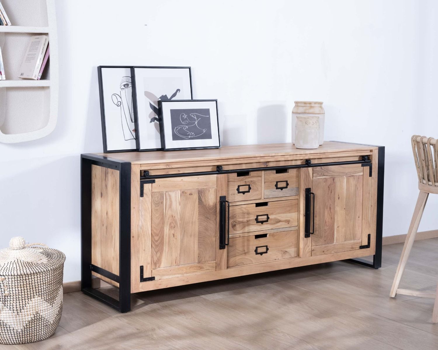 Credenza industriale in metallo e legno per sala da pranzo 190cm "Montreal