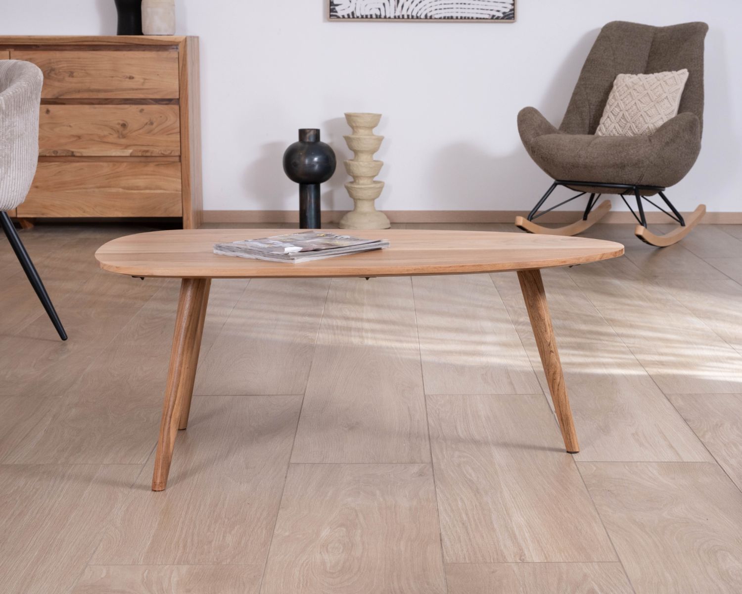 Tavolino a forma di barca in stile scandinavo "Voluto", 110 cm, legno massiccio di acacia
