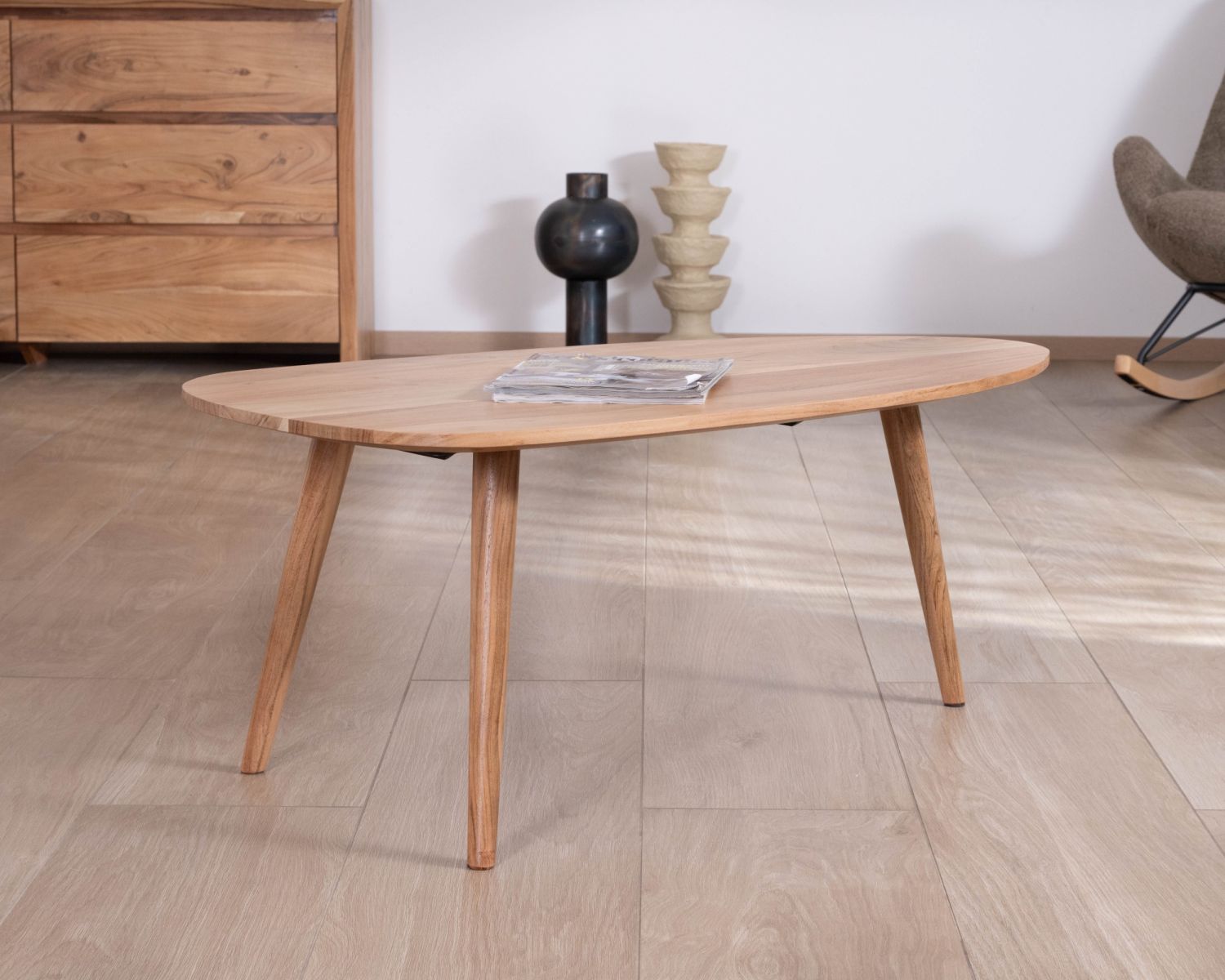 Tavolino a forma di barca in stile scandinavo "Voluto", 110 cm, legno massiccio di acacia