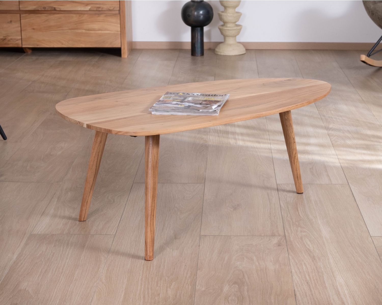 Tavolino a forma di barca in stile scandinavo "Voluto", 110 cm, legno massiccio di acacia