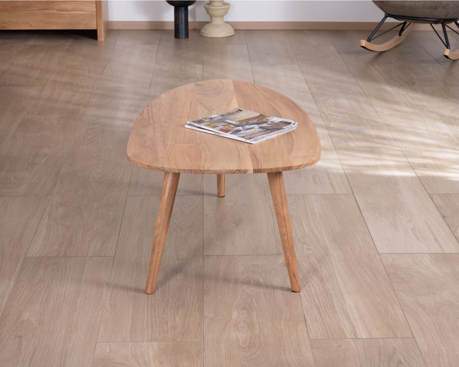 Tavolino a forma di barca in stile scandinavo "Voluto", 110 cm, legno massiccio di acacia