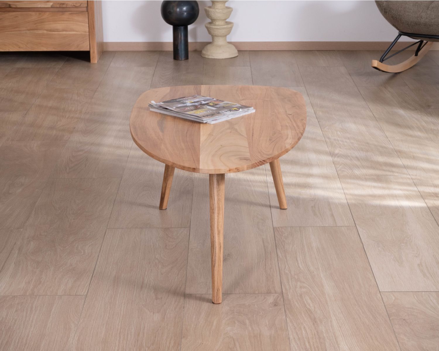 Tavolino a forma di barca in stile scandinavo "Voluto", 110 cm, legno massiccio di acacia