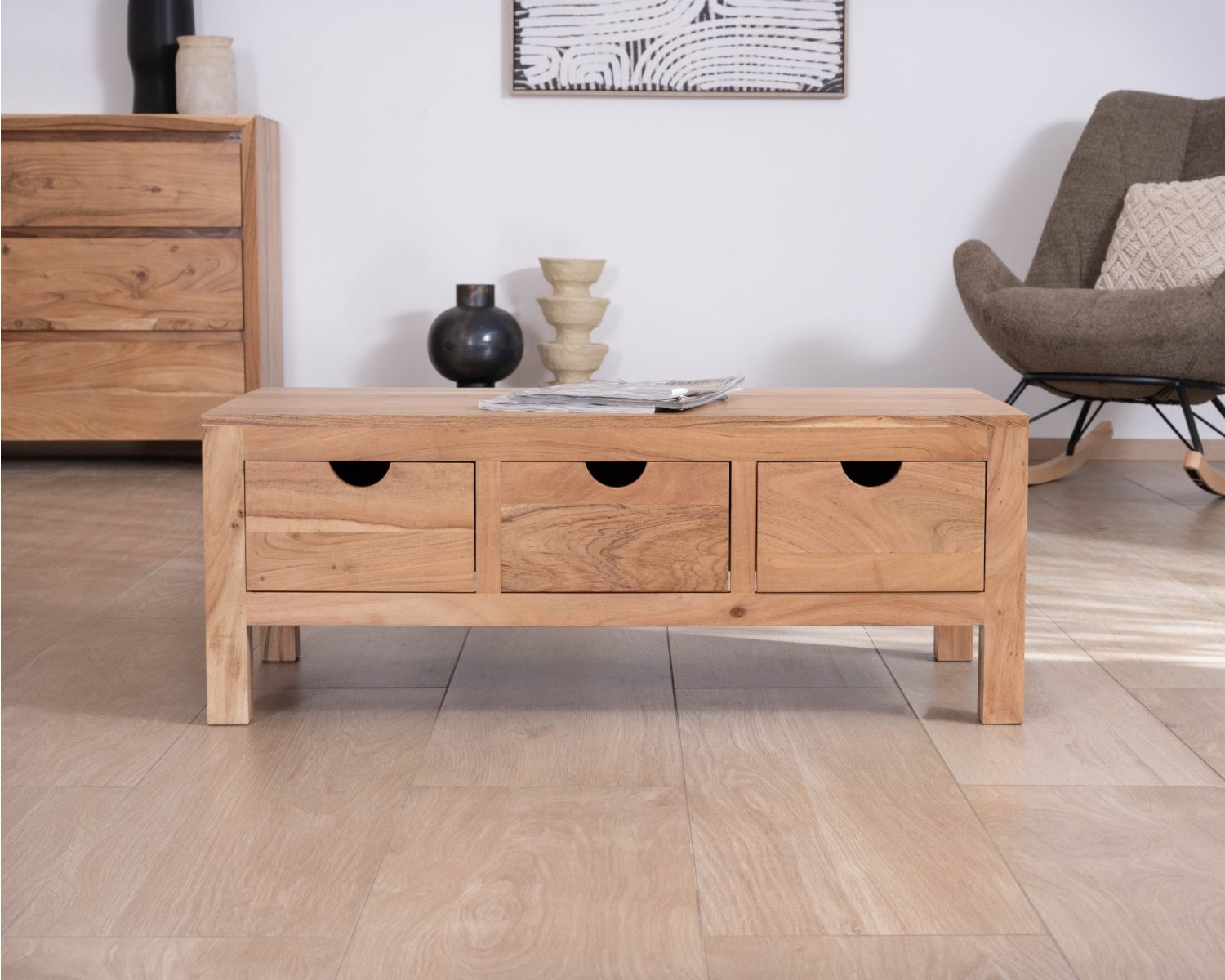 Tavolino rettangolare in acacia massiccia "Nüma" da 100 cm con cassetti