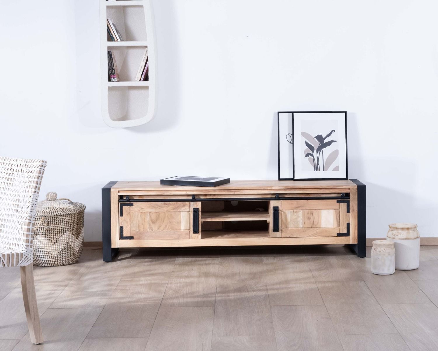 Porta TV industriale in legno e metallo 2 porte 2 scomparti "Montréal